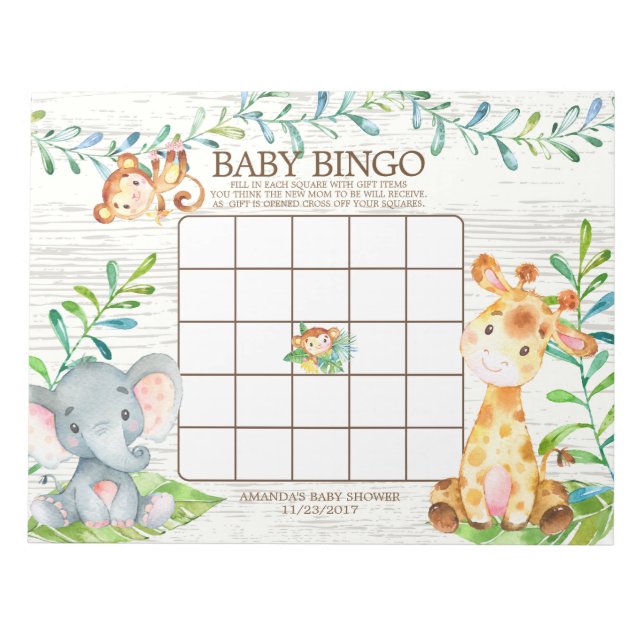 Safari Jungle Baby Shooter Bingo Game Notepad Notizblock (Vorderseite)