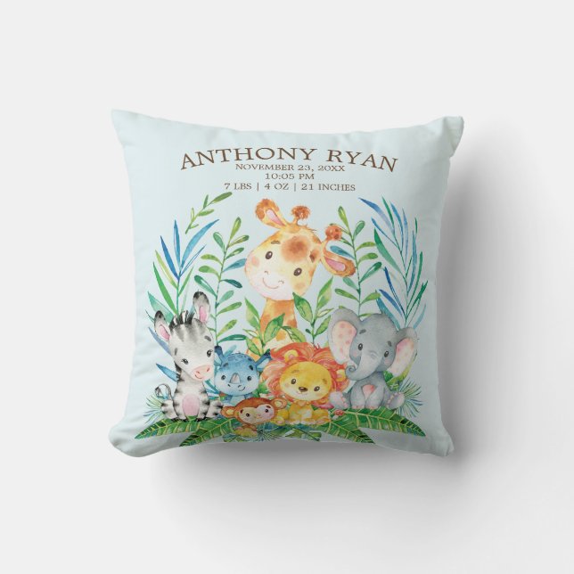 Safari Jungle Boys Birth Stats Pillow Kissen (Vorderseite)