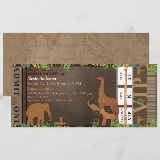 Safari Jungle Brown Animals Brautparty Ticket Einladung (Vorne/Hinten)