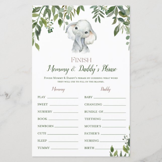 Safari Jungle Elephant Baby Shower Game PRINTED (Vorderseite)