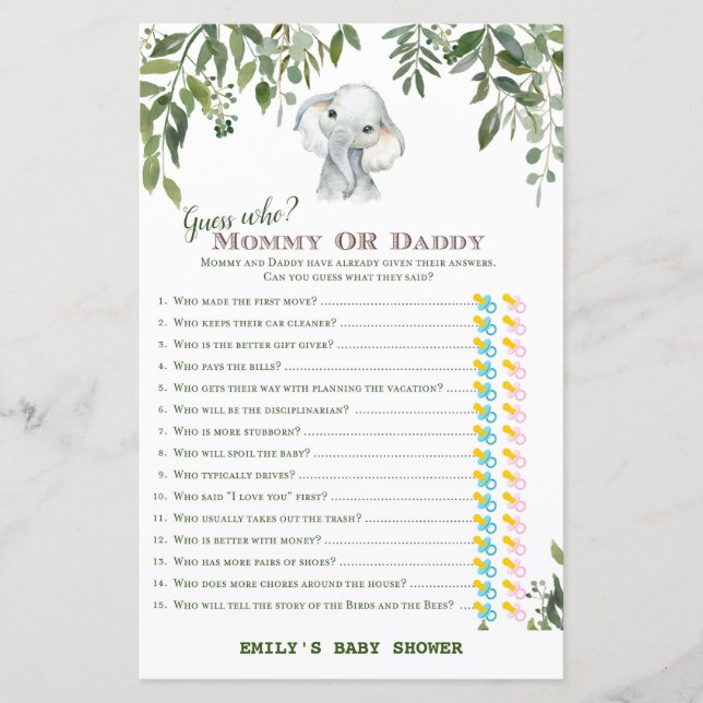 Safari Jungle Elephant Baby Shower Game PRINTED (Vorderseite)