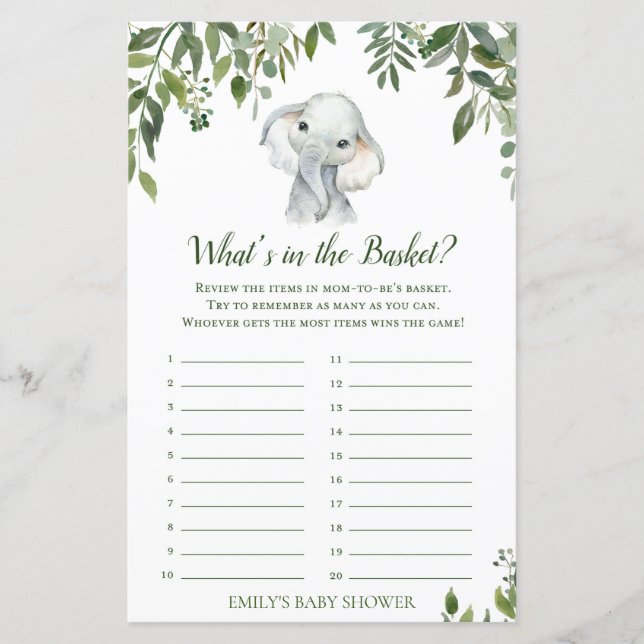 Safari Jungle Elephant Baby Shower Game PRINTED (Vorderseite)