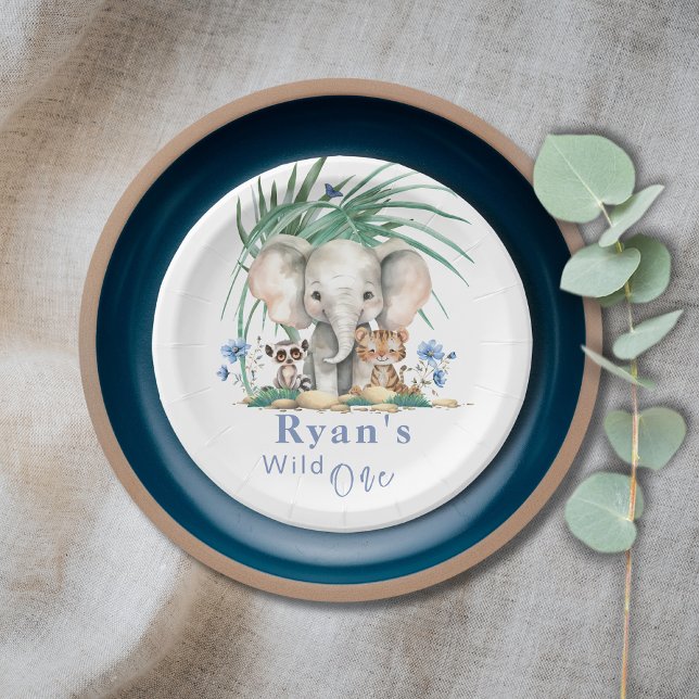Safari Jungle Elephant Blue Blumen Geburtstag Pappteller (Safari Jungle Wild One Party Animals Personalizable Birthday Paper Plate)