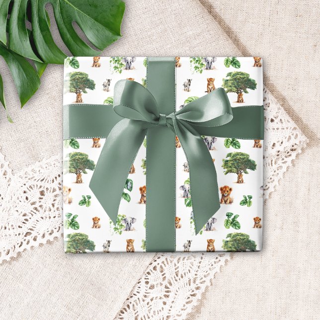 Safari Jungle Elephant Löwe Tropische Vegetation Geschenkpapier (Safari Jungle Pattern Zoo Animals Tiger Lion Elephant Zebra Greenery Birthday Wrapping Paper)