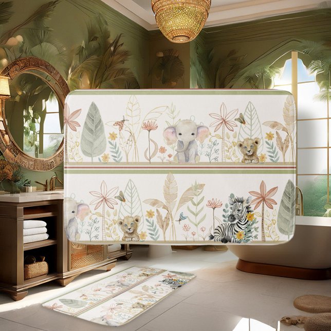 Safari Jungle Foliage Lion Zebra Elephant Baby Boy Badematte (Von Creator hochgeladen)