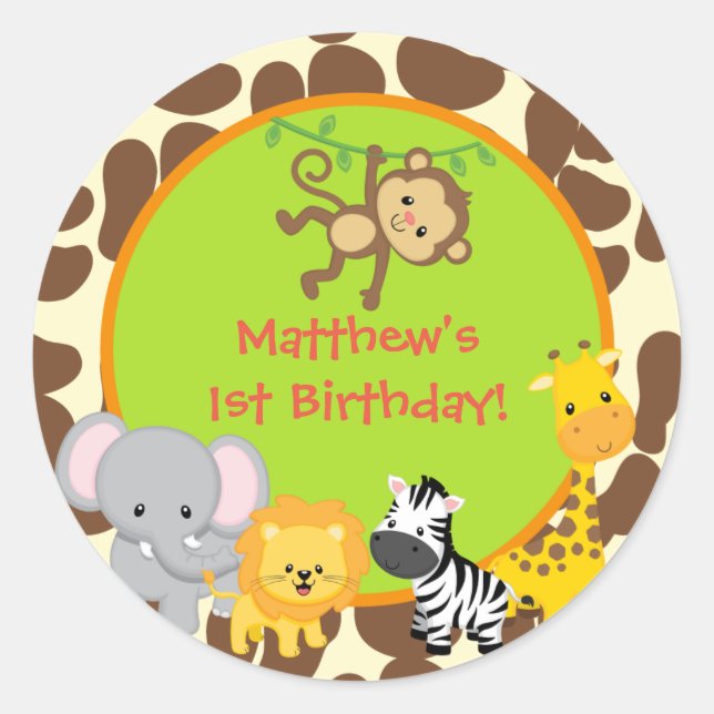Safari Jungle Geburtstagsparty bevorzugt Aufkleber (Vorderseite)