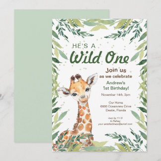 Safari Jungle Giraffe Wild Ein 1. Geburtstag Party Einladung