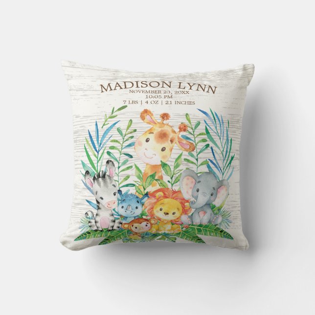 Safari Jungle Girl Boy Birth Stats Pillow Kissen (Vorderseite)