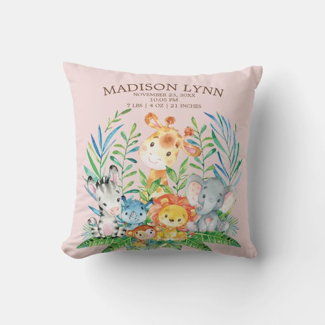 Safari Jungle Girls Birth Stats Pillow Kissen (Vorderseite)