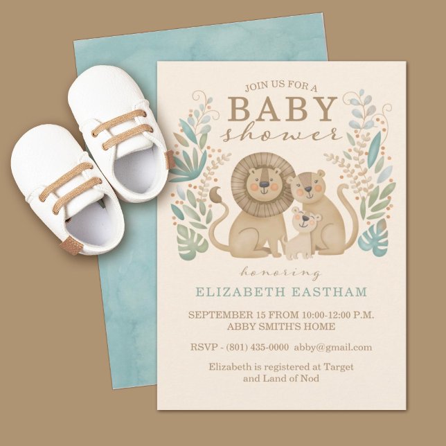Safari Jungle Lion Boy Baby Dusche Einladung (A cute safari jungle lion baby shower invitation. Personalize it for your special day.)