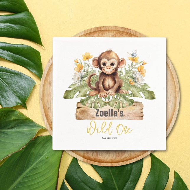 Safari Jungle Monkey Watercolor Serviette (Safari Jungle Tropical Yellow White Flowers Monkey Wild One Birthday Napkin)