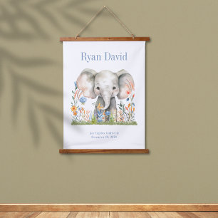 Safari Jungle Niedlich Elephant Blue Orange Blume Wandteppich Mit Holzrahmen