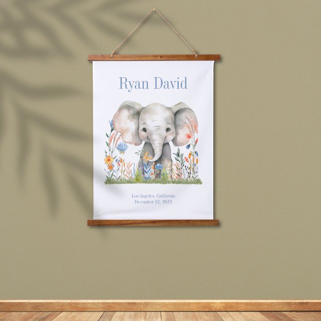 Safari Jungle Niedlich Elephant Blue Orange Blume Wandteppich Mit Holzrahmen (Safari Jungle Watercolor Elephant Blue Orange Flowers Birthday Poster)