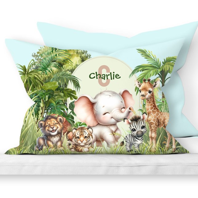 Safari Jungle Niedlich Wildtiere Grün Blau Kissenbezug (Safari Jungle Cute Wild Animals Green Blue Pillow Case)