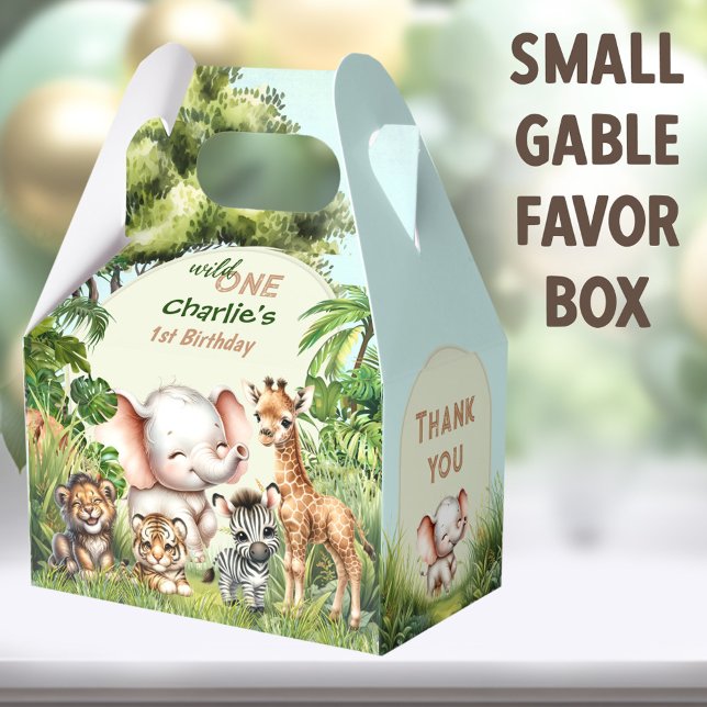 Safari Jungle Niedlicher Tiere Wild 1. Geburtstag Geschenkschachtel (Wild One Safari Small Gable Favor Boxes - You can choose from 3 sizes of these gable favor boxes)
