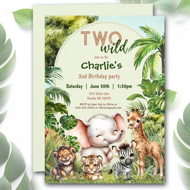 Safari Jungle Niedlicher Tiere Zwei Wilde 2. Gebur Einladung (Safari Jungle Cute Animals Two Wild 2nd Birthday Invitation)