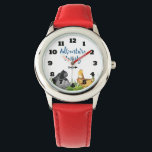Safari Jungle Tierabenteuer erwartet Armbanduhr<br><div class="desc">Eine Uhr mit Safari-Thema. Eine Aquarellbild mit Gorilla, Hippo, Löwe und Giraffe, die zwischen den grünen Gräsern hängen. Typografie sagt Adventure Awarits. Niedliches und skurriles Geschenk für ein Kind.</div>