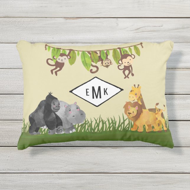 Safari-Jungle-Tiere mit Monogramm Kissen Für Draußen (Vorderseite)