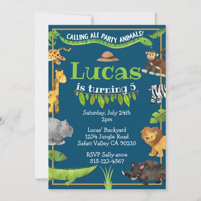 Safari Jungle Wild One Animal Birthday Party Einladung (Vorderseite)