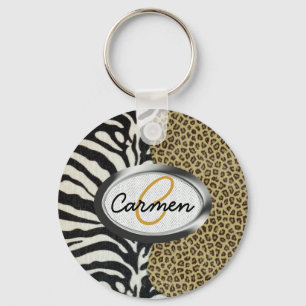 Safari Leopard und Zebra Print Monogram Schlüsselanhänger