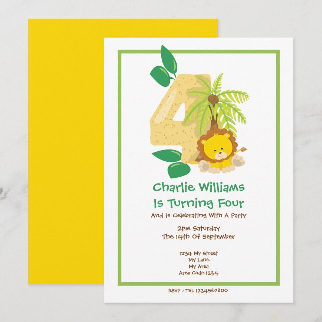 Safari Lion Vierte Geburtstagsparty Einladung (Vorne/Hinten)