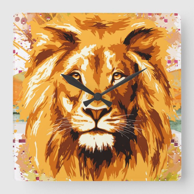 Safari Lion Wall Clock | Farbige Löwenuhr Quadratische Wanduhr (Vorderseite)