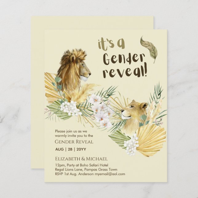 Safari Lions GENDER REVEAL Baby Shower Einladungen (Vorne/Hinten)