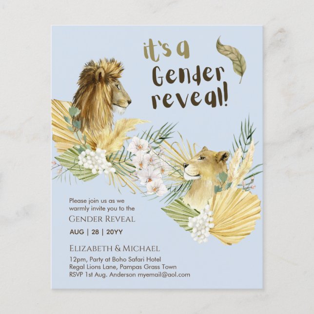 Safari Lions GENDER REVEAL Baby Shower Einladungen Flyer (Vorne)