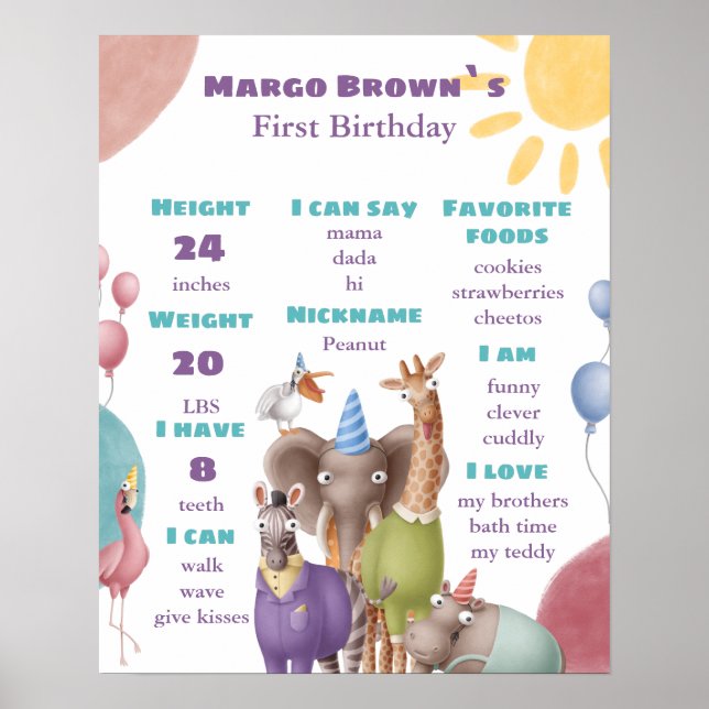 Safari Milestone First Birthday Board Poster (Vorne)