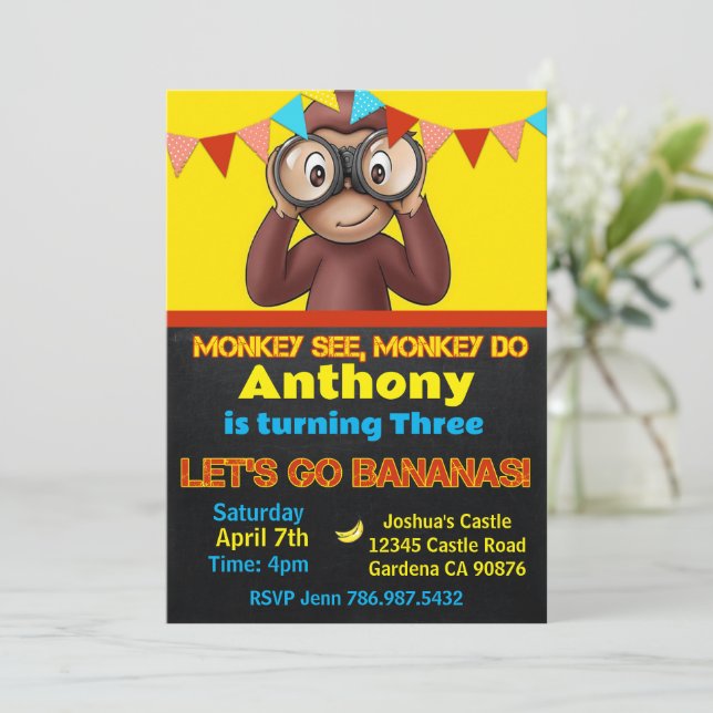 Safari Monkey Einladung zum Geburtstag (Stehend Vorderseite)