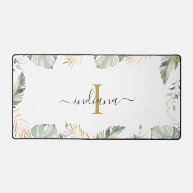 Safari Monogram Elegante Script Name Botanical Schreibtischunterlage (Vorderseite)