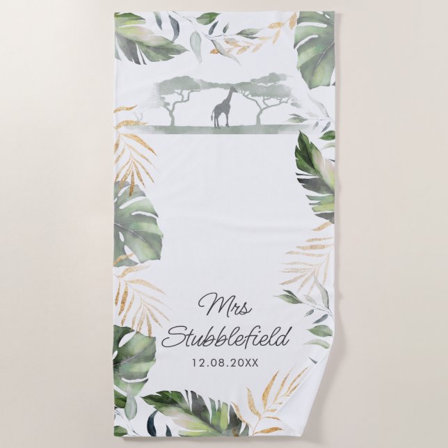 Safari Palm Verlasse Newlyweds Script Mrs. Strandtuch (Vorderseite)
