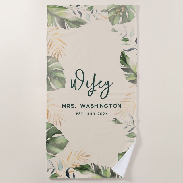 Safari Palm Verlasse Tropical Wifey Script Honeymo Strandtuch (Vorderseite)