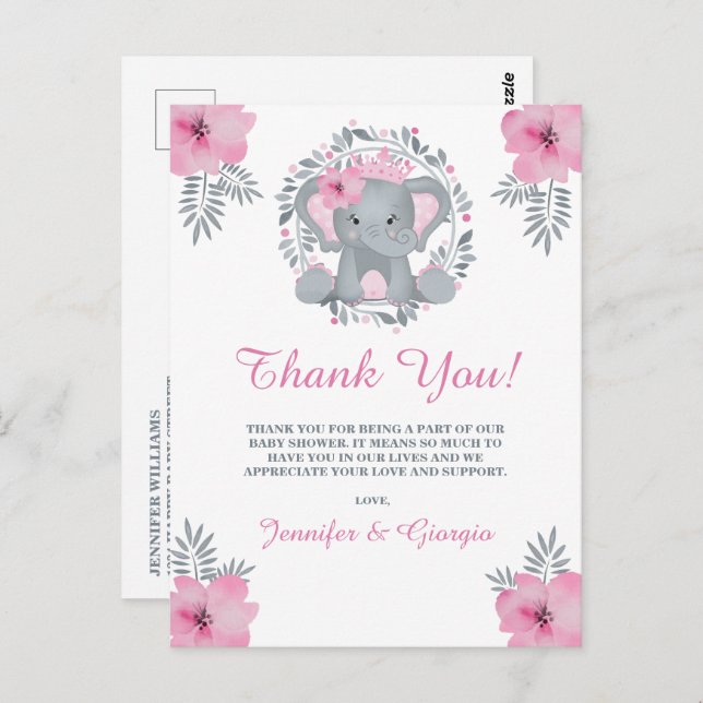 Safari Pink Floral Elephant Baby Dusche Vielen Dan Postkarte (Vorne/Hinten)