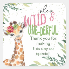 Safari Pink Giraffe Wild Ein 1. Geburtstag Party Quadratischer Aufkleber