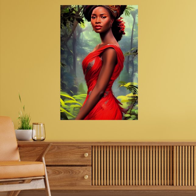 Safari Queen: Majestic African Women Red Feathers Poster (Wohnzimmer 2)
