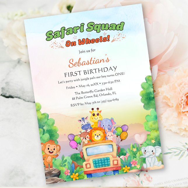 Safari Ride Theme – Wild One 1st Birthday Baby Boy Einladung (Wild One Safari Ride – Jungle 1st Birthday for boy Invitation)