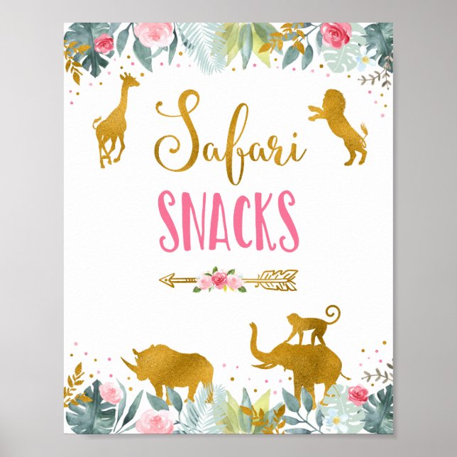 Safari Snacks Pink Gold Greenery Geburtstag Zeiche Poster (Vorne)