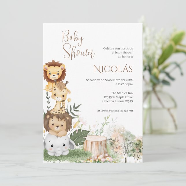 Safari Spanish Baby Shower Boy Einladung (Stehend Vorderseite)