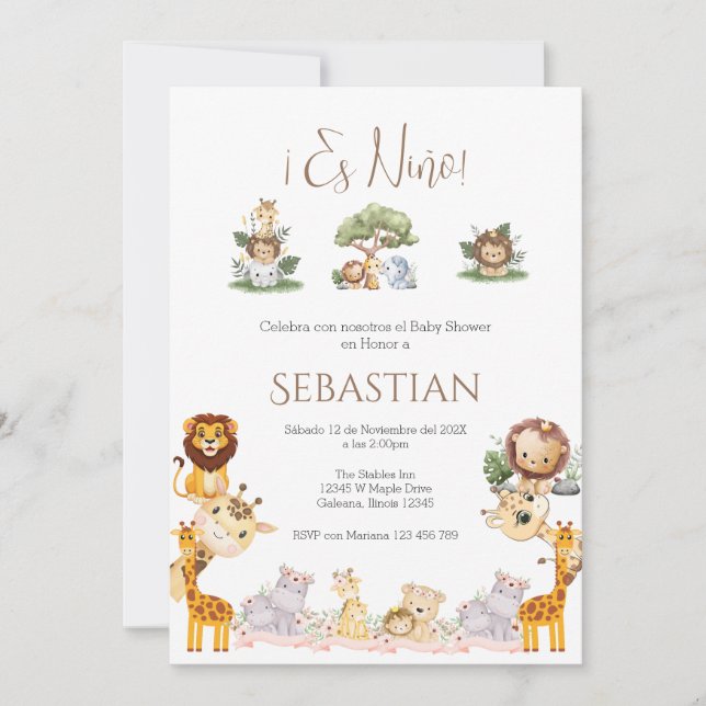 Safari Spanish Baby Shower Boy invitation Einladung (Vorderseite)