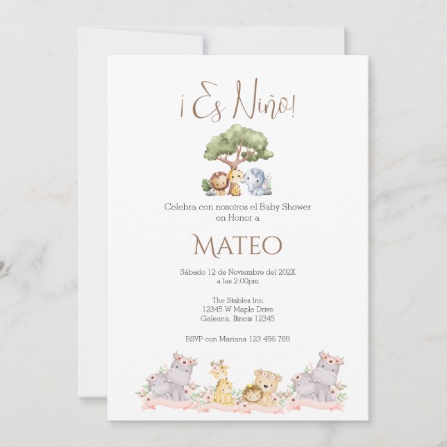 Safari Spanish Baby Shower Boy invitation Einladung (Vorderseite)
