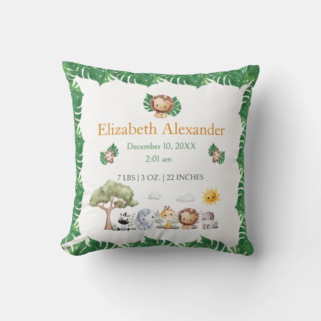 Safari themed jungle animals baby birth stats kissen (Vorderseite)