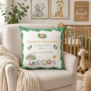 Safari themed jungle animals baby birth stats kissen