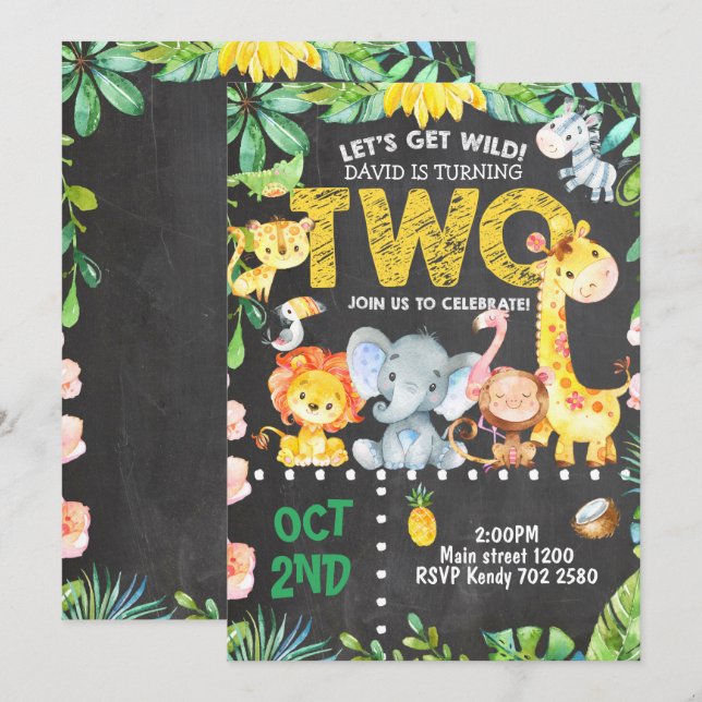 Safari Tiere 2. Geburtstag Einladung Dschungel ZOO (Vorne/Hinten)