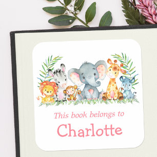 Safari-Tiere Aquarellfarben - Rosa Buchzeichen Quadratischer Aufkleber