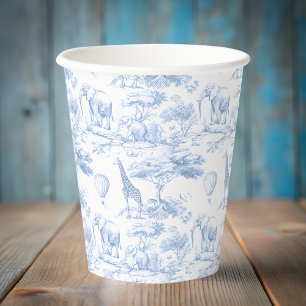 Safari-Tiere Blau Toile de Jouy Babyparty Pappbecher
