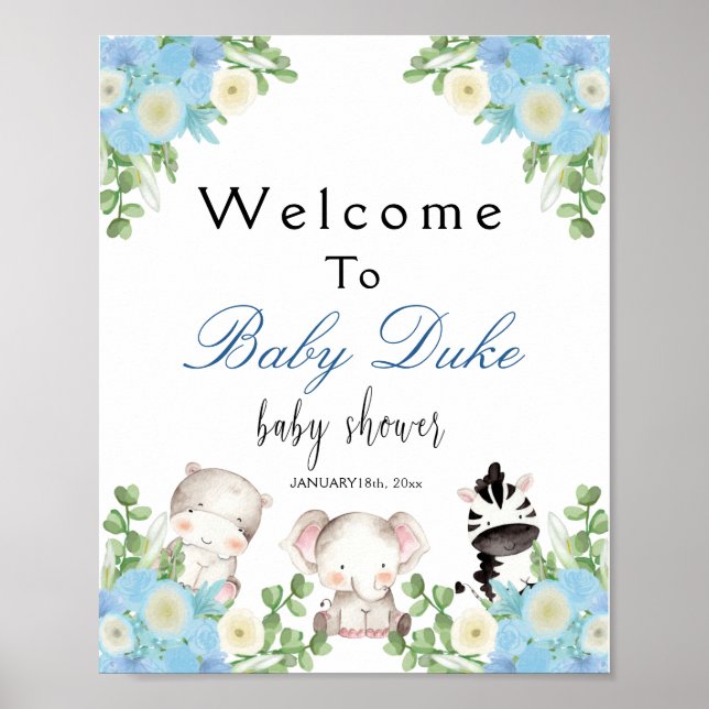 Safari-Tiere Blue Boy Baby Dusche Willkommenspende Poster (Vorne)
