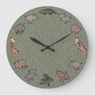 Safari-Tiere (Elefant, Giraffe, Krokodil & Nashorn Große Wanduhr