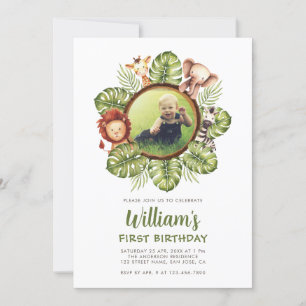 Safari-Tiere Foto Dschungel Grün 1. Geburtstag Einladung