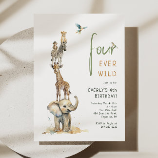 Safari-Tiere "Four Ever Wild"-Kindergeburtstag Einladung